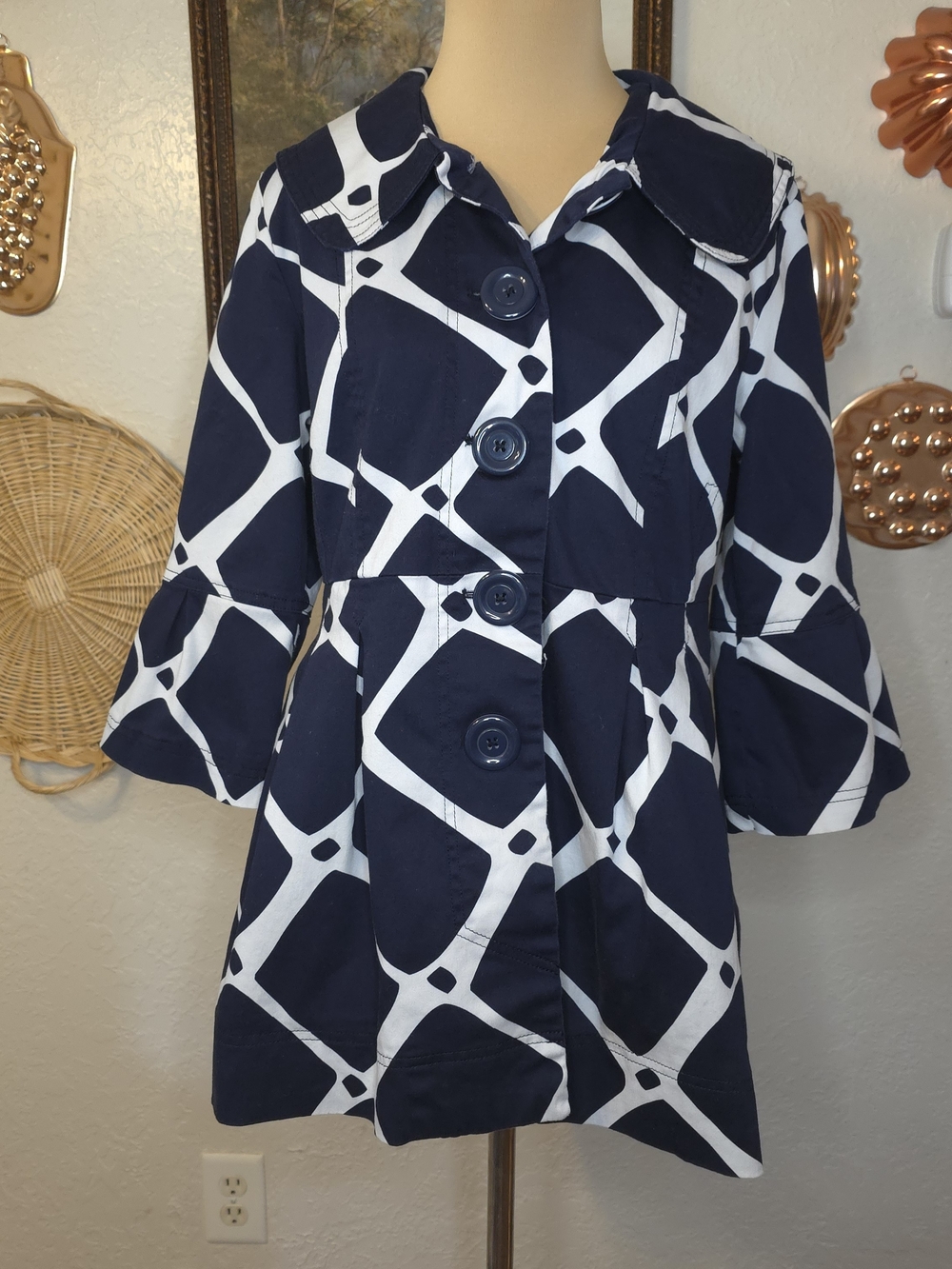 Eden Court Navy Blue White Geometric Bell 3/4 Sleeve Coat Jacket Preppy Coastal